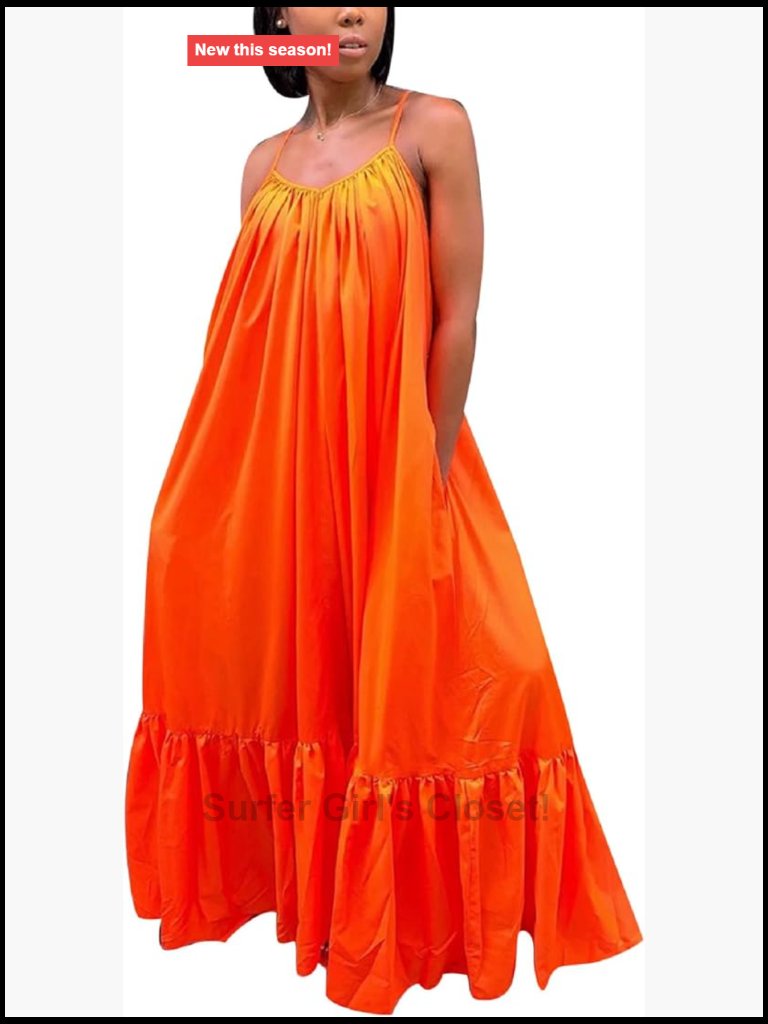 Spaghetti Strap Sleeveless Ruched Ruffle Hem Bandage Oversized Loose Swing Maxi